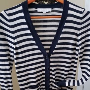 Ann Taylor Loft Navy and Cream Striped Cardigan Sm